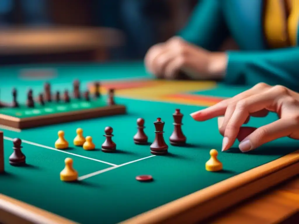 Grupo concentrado jugando al juego de mesa, rodeados de estanterías llenas de juegos