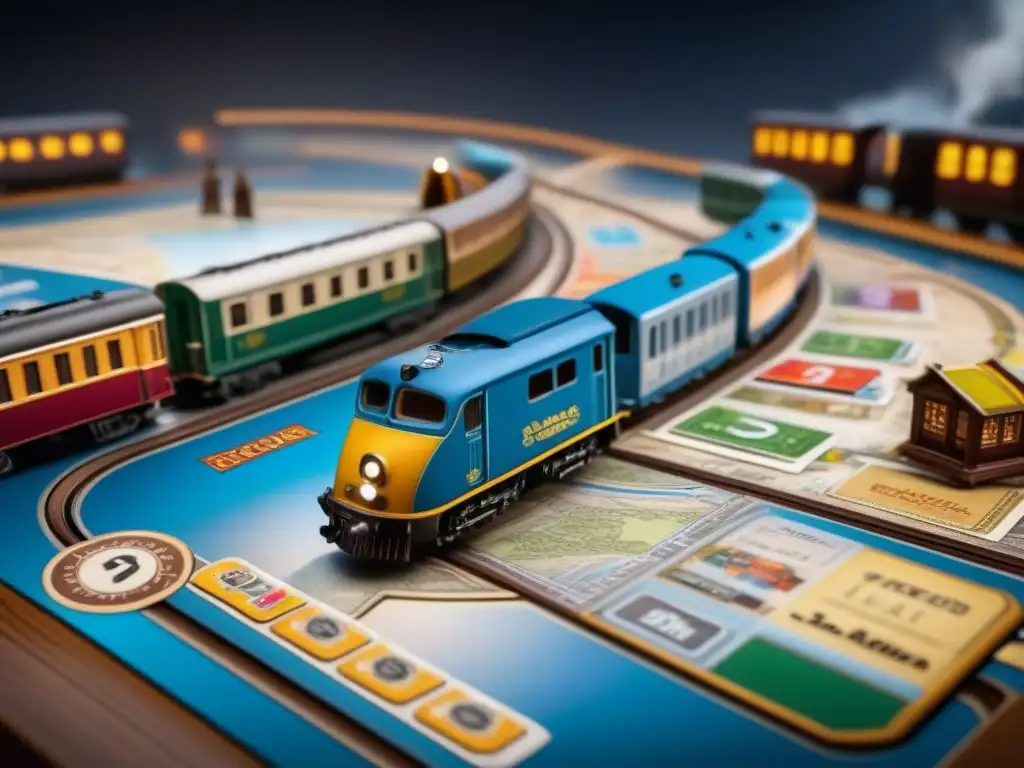 Grupo concentrado jugadores Ticket to Ride, rodeados de trenes y reglas, inmersos en estrategias para ganar juego de cartas