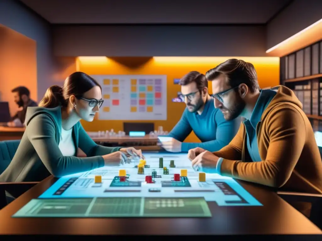 Intensa reunión de desarrolladores de videojuegos Un grupo de desarrolladores de juegos, analizando datos y estrategias alrededor de una mesa llena de gráficos y piezas de juego