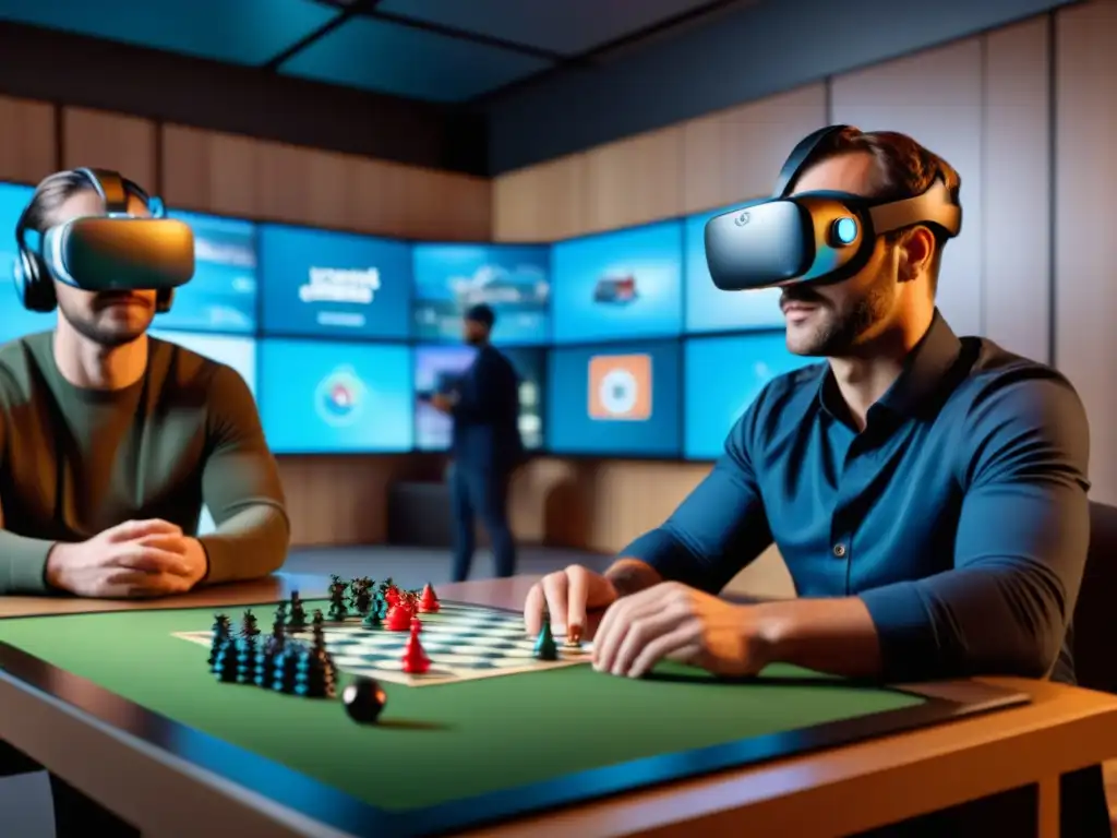 Un grupo de desarrolladores en Realidad Virtual adaptando juegos de mesa, inmersos en una sala llena de tecnología y conceptos innovadores