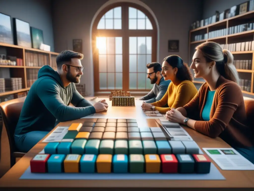 Un grupo de diseñadores y artistas de juegos de mesa colaborando creativamente en una habitación llena de inspiración y pasión