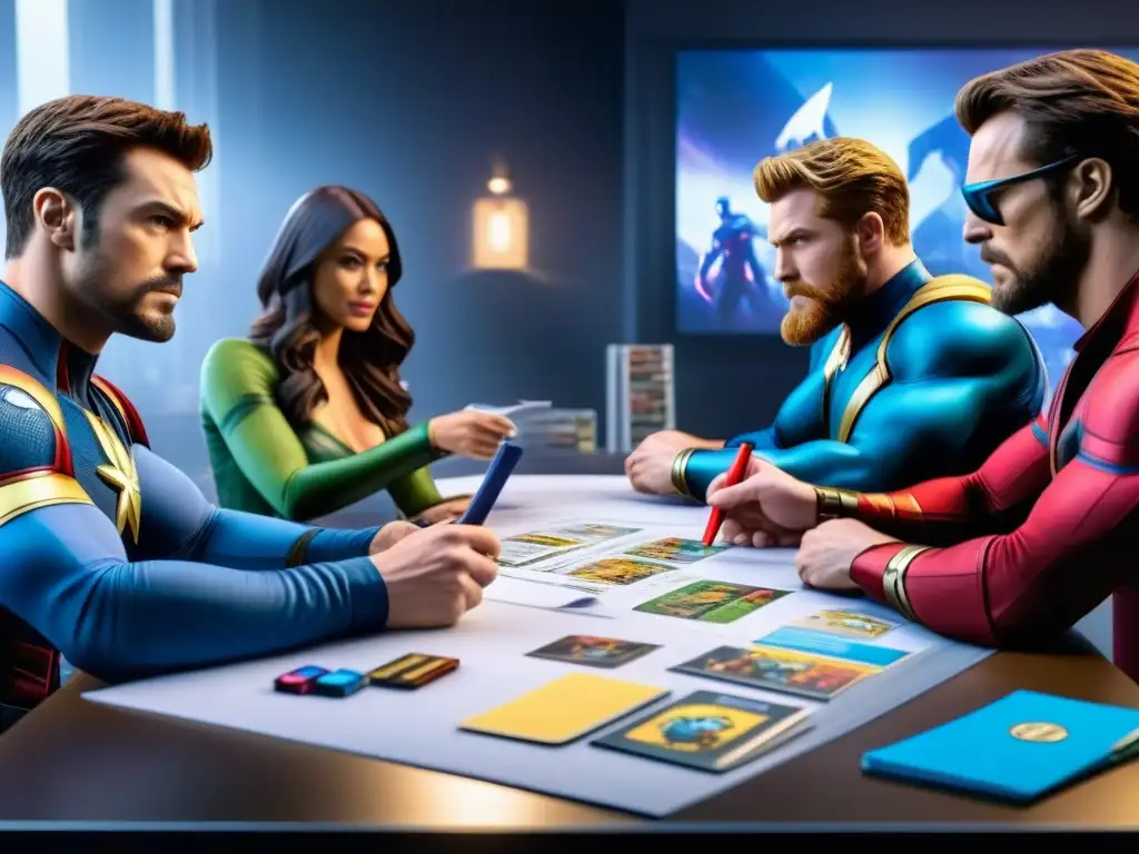 Grupo de diseñadores y artistas creando juntos el juego de cartas Marvel Champions