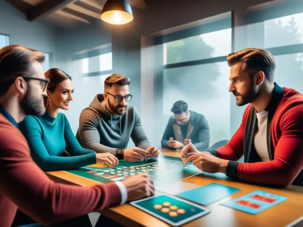 Un grupo de diseñadores y especialistas en marketing de juegos de mesa colaborando en estrategias creativas