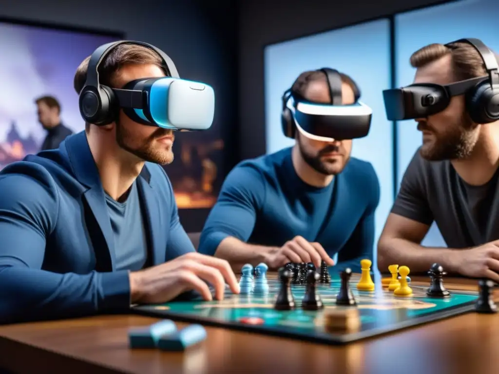 Grupo de diseñadores de juegos concentrados en prototipos de juegos de mesa, con tecnología de realidad virtual