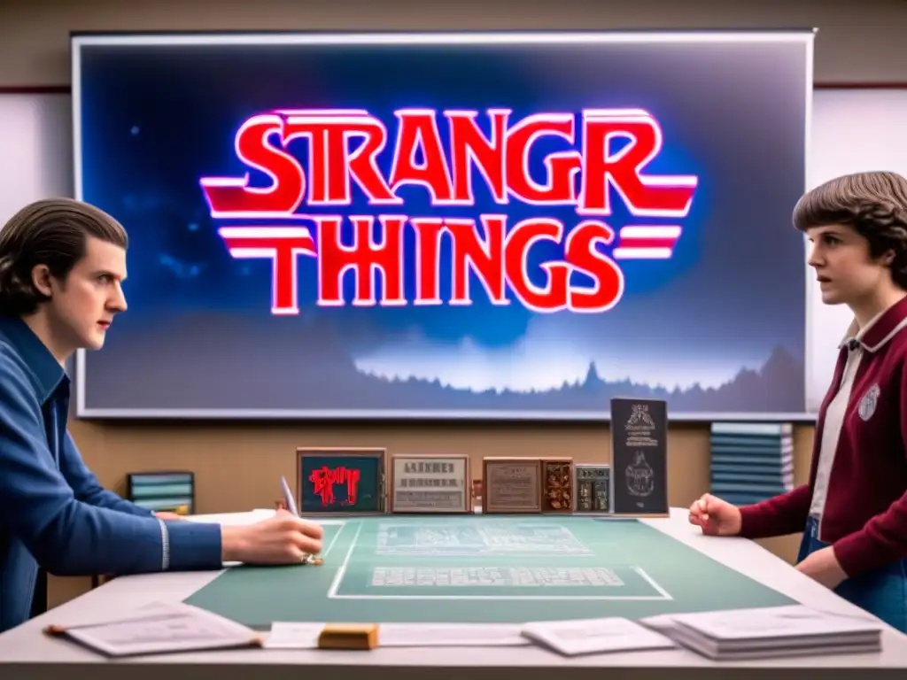 Grupo de diseñadores de juegos inmersos en la creación del 'Origen Stranger Things Juego Mesa', rodeados de memorabilia y arte conceptual