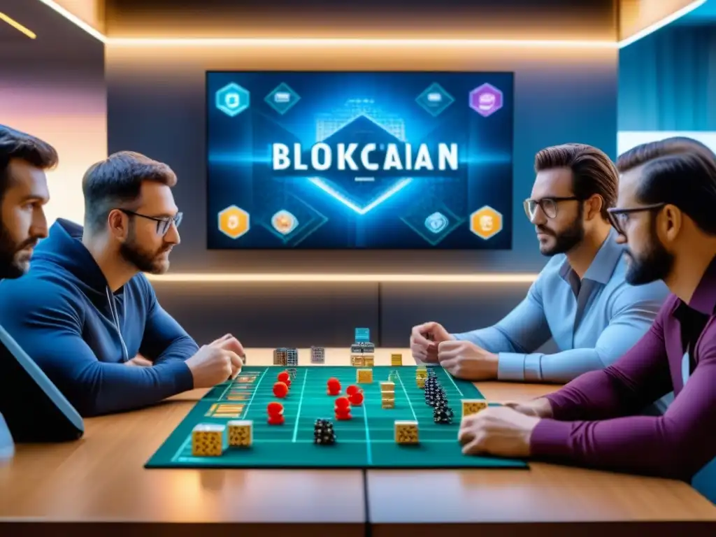 Reunión de diseñadores de juegos de mesa: fusión blockchain Un grupo de diseñadores de juegos de mesa discuten intensamente alrededor de prototipos, con algoritmos blockchain de fondo