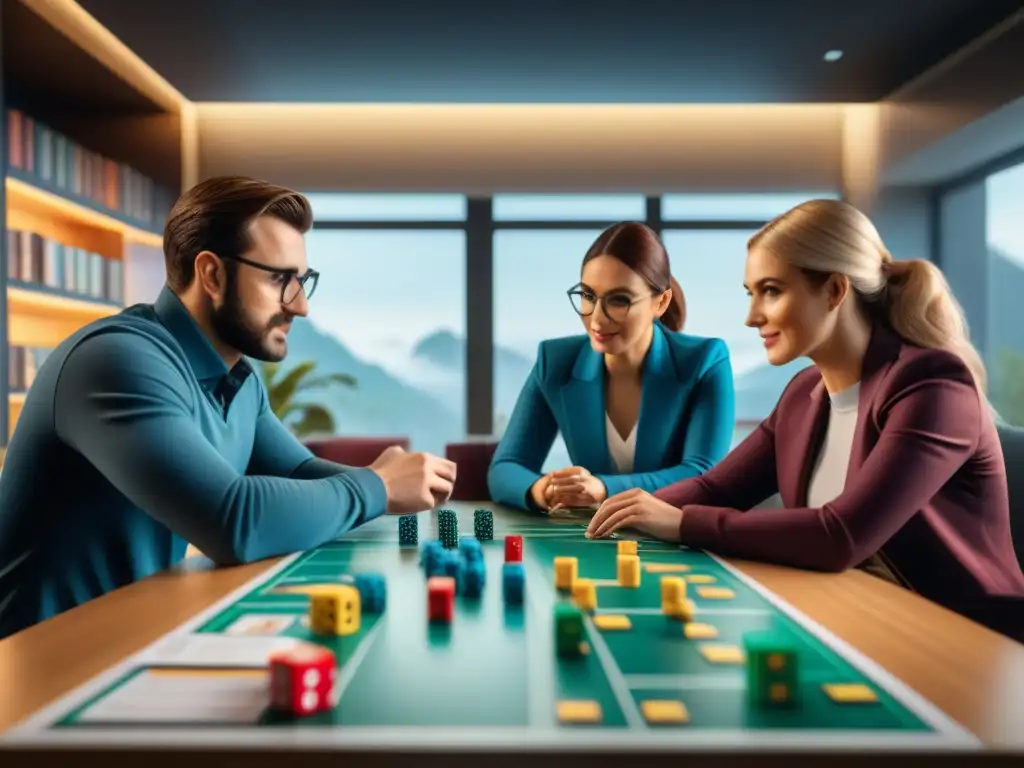 Innovación y estrategia: Diseñadores de juegos crean en equipo Grupo de diseñadores de juegos de mesa inmersos en análisis de datos, estrategias y colaboración creativa