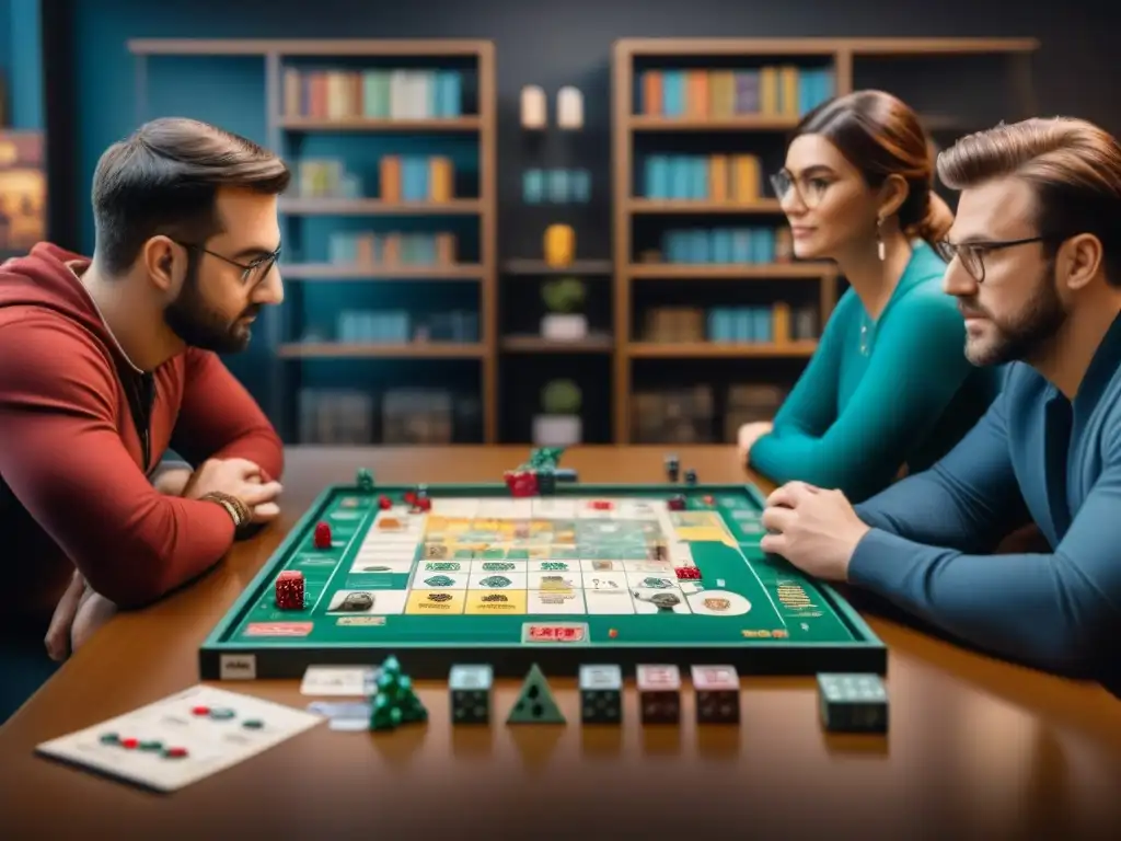 Equipo de diseñadores de juegos de mesa en acción Un grupo de diseñadores de juegos de mesa analizando datos y estrategias en un ambiente creativo y vibrante