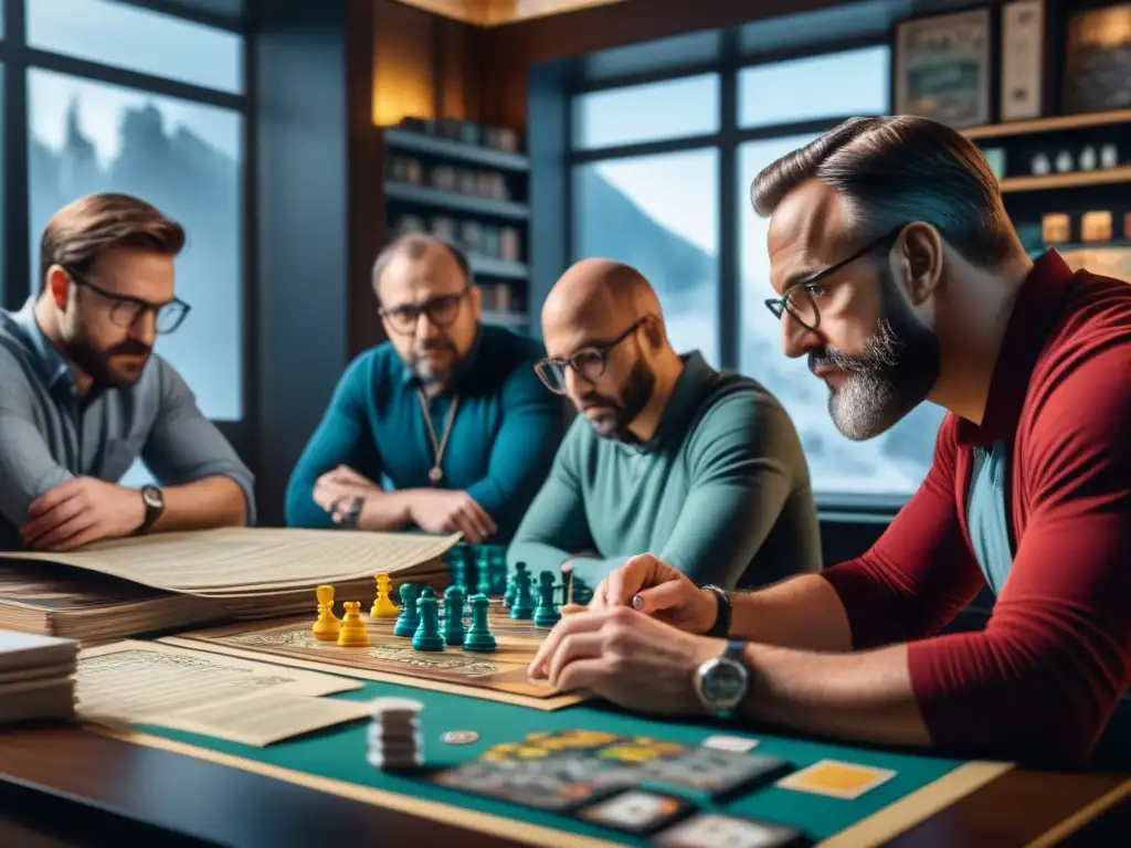Un grupo de diseñadores de juegos de mesa concentrados en su creatividad, rodeados de prototipos y referencias