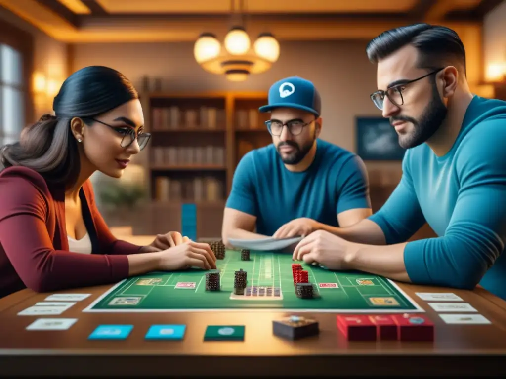 Un grupo de diseñadores de juegos de mesa colaborando intensamente en una mesa llena de bocetos y piezas de juego