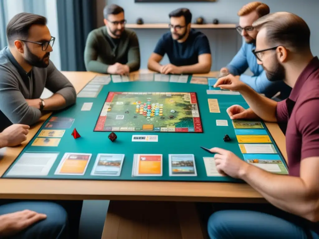 Un grupo de diseñadores de juegos de mesa colaboran intensamente en la testeo eficiente juego de mesa en un ambiente creativo y productivo