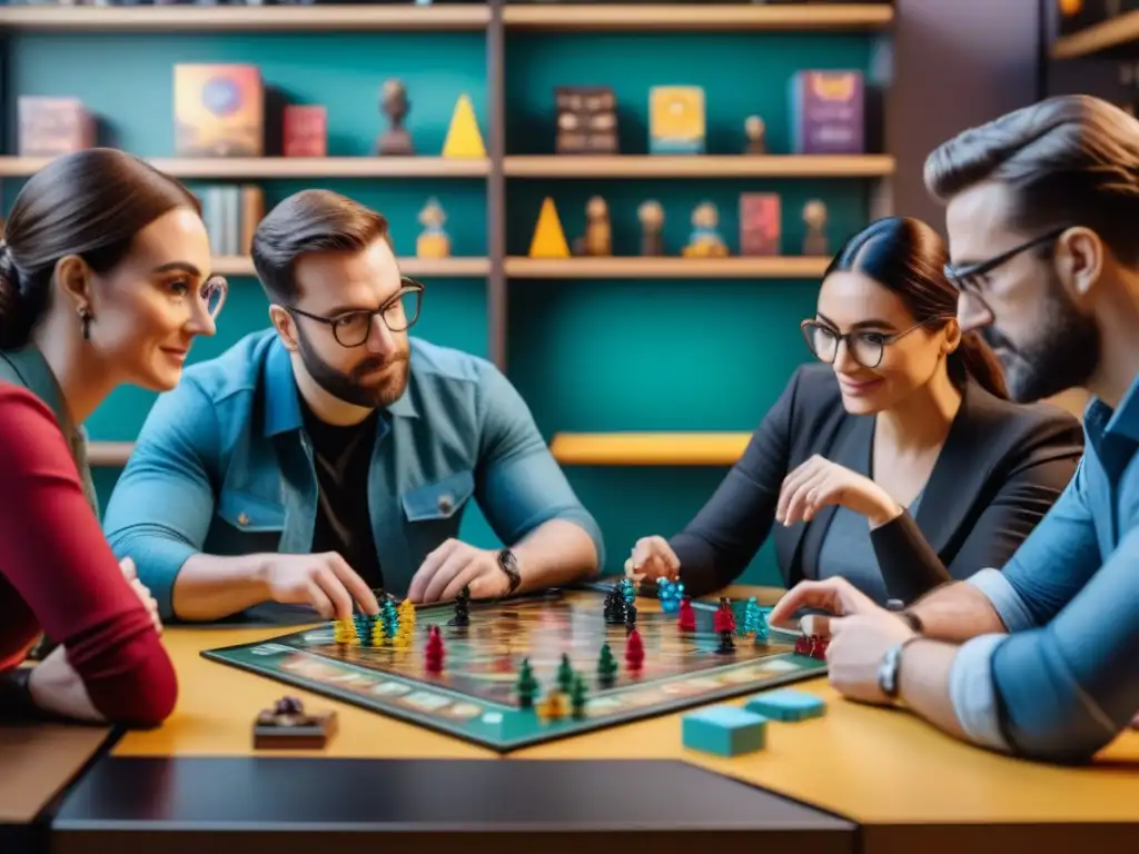 Un grupo de diseñadores de juegos de mesa colaborando en una sala llena de prototipos y arte colorido