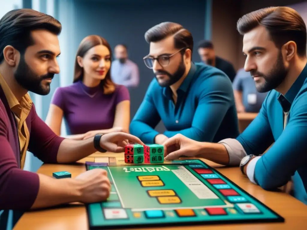 Equipo diverso de diseñadores de juegos en apasionada reunión creativa Un grupo de diseñadores de juegos de mesa de diversas edades y orígenes, equilibrando complejidad y diversión en una atmósfera creativa y bulliciosa