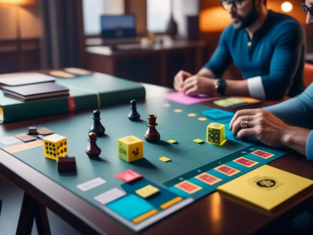 Intensa colaboración de diseñadores de juegos de mesa Un grupo de diseñadores de juegos de mesa en pleno proceso de diseño visual, con expresiones concentradas y rodeados de bocetos y piezas de juego