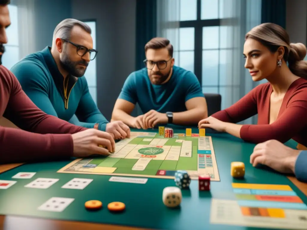 Diseñadores de juegos colaborativos en acción Un grupo de diseñadores de juegos de mesa en pleno proceso de diseño visual, colaborando creativamente alrededor de un prototipo complejo