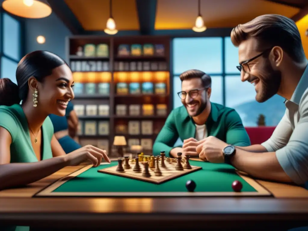 Grupo diverso juega estratégicamente en acogedor café de juegos de mesa, creando atmósfera inclusiva