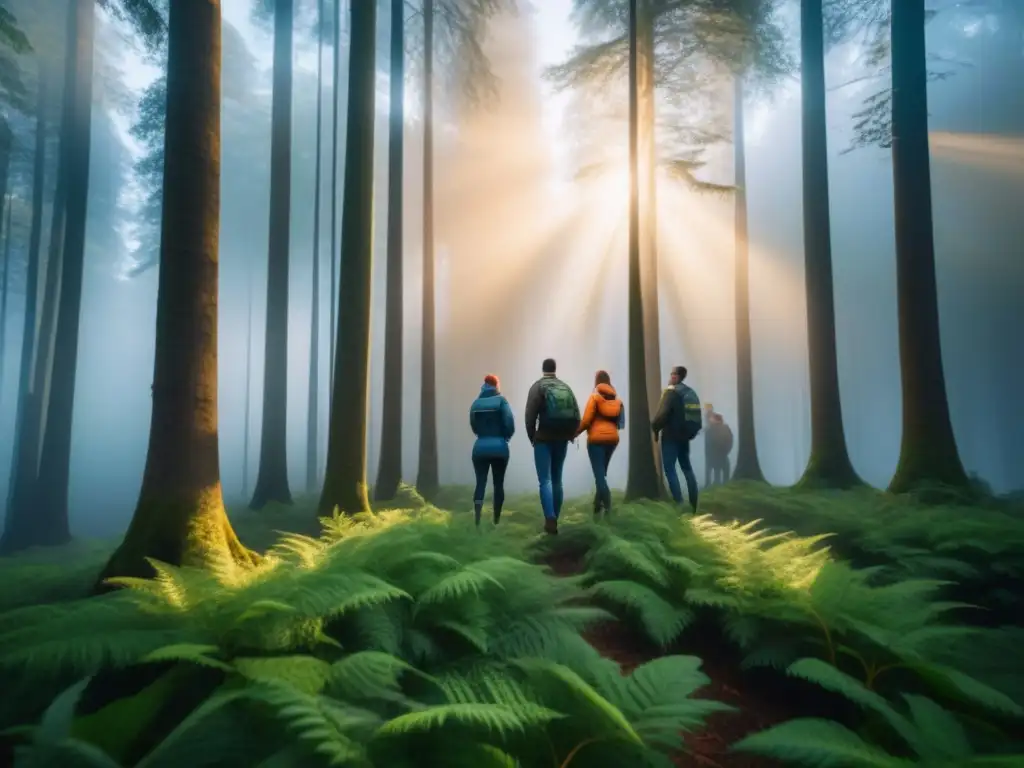 Un grupo diverso en actividad de equipo en un bosque verde, reflejando autoestima como herramienta estratégica