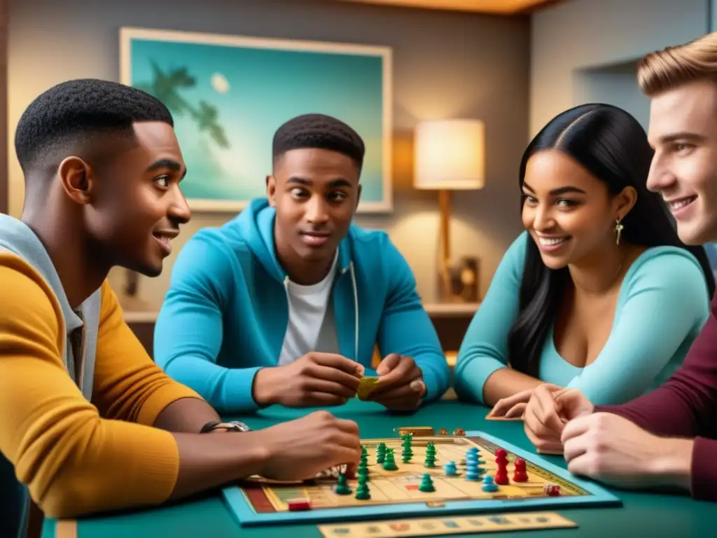 Un grupo diverso de adolescentes juega concentrado un juego de mesa en una acogedora sala de terapia juvenil con juegos de mesa