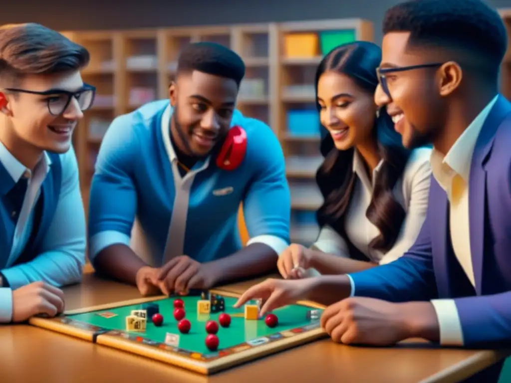 Un grupo diverso de adolescentes participa animadamente en un juego de mesa, demostrando habilidades sociales en adolescentes