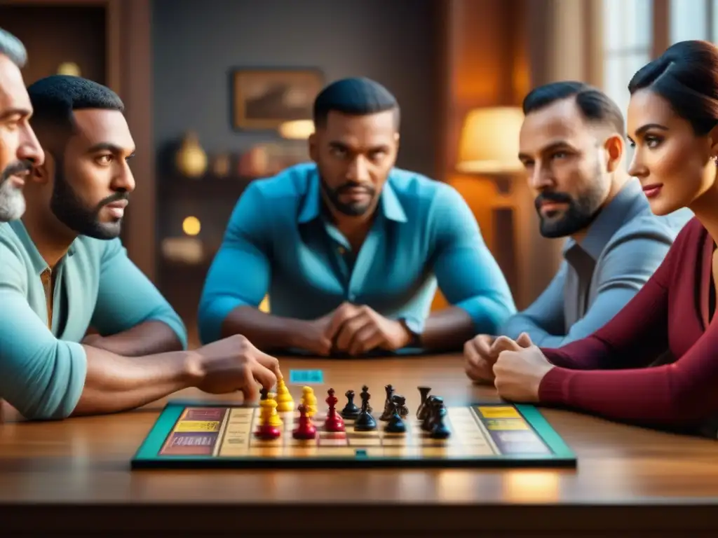 Un grupo diverso de adultos concentrados y disfrutando un juego de mesa, resaltando los beneficios de jugar entre adultos