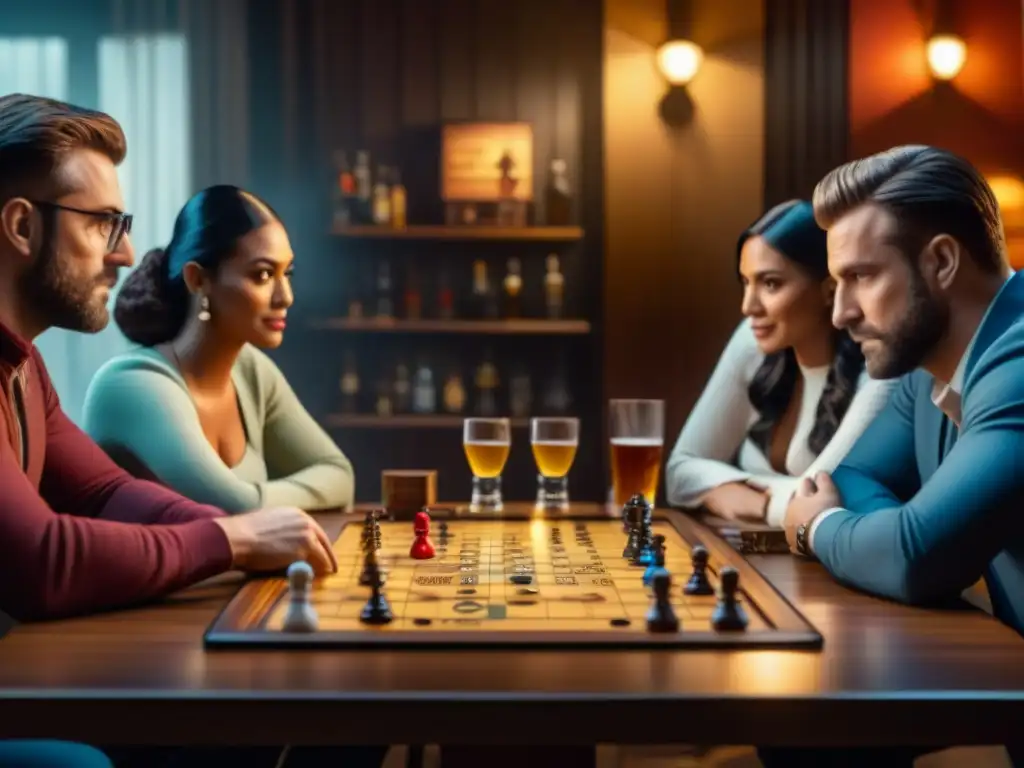 Grupo diverso de adultos concentrados en emocionante sesión de juegos de mesa en bar iluminado