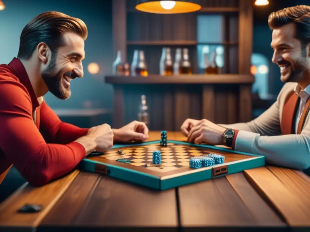 Grupo diverso de adultos riendo y planeando estrategias en un bar, rodeados de juegos de mesa y copas vacías