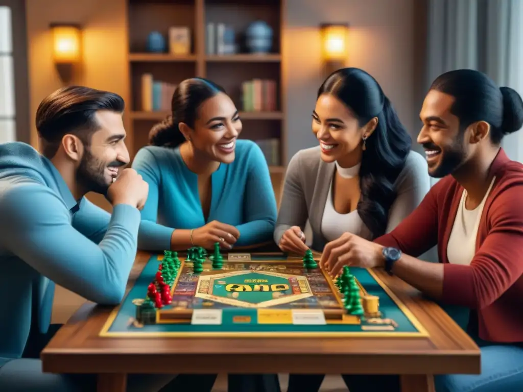 Un grupo diverso de adultos disfruta de juegos de mesa en un ambiente acogedor y divertido