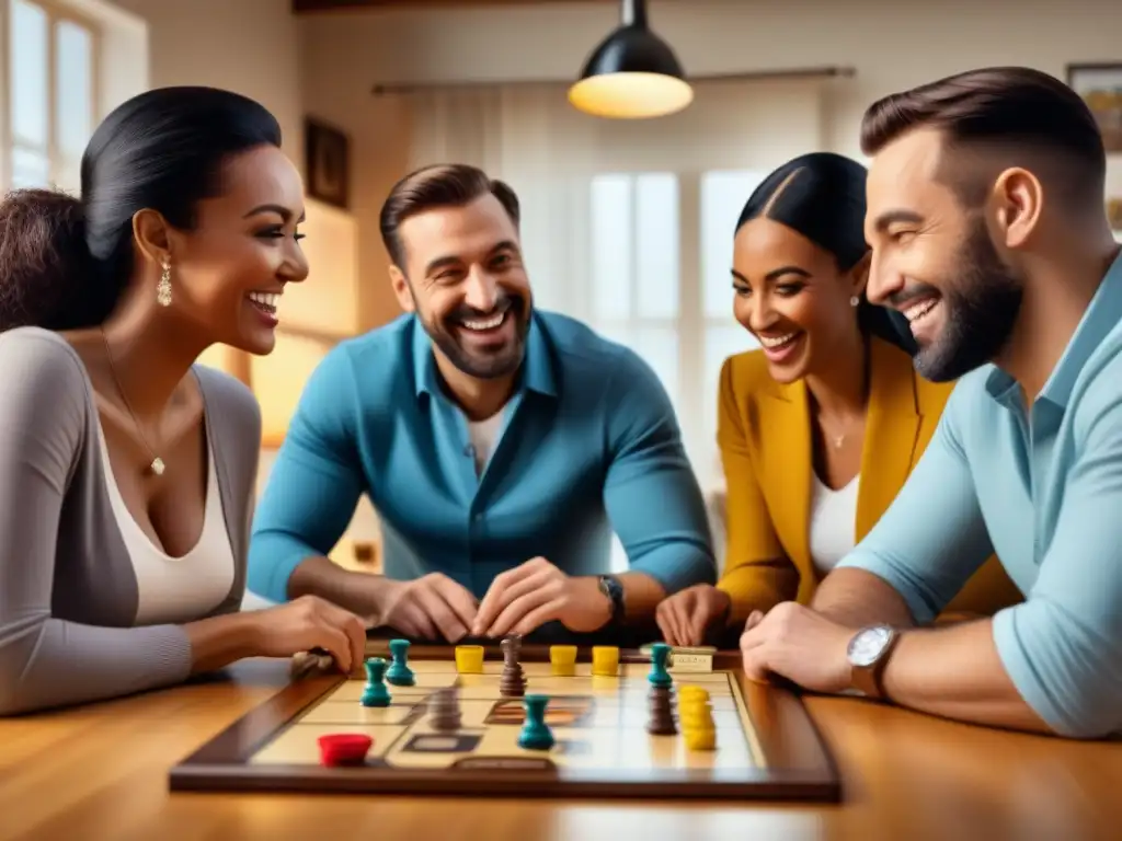 Grupo diverso de adultos disfrutando de juegos de mesa en ambiente acogedor, resaltando beneficios juegos mesa para adultos