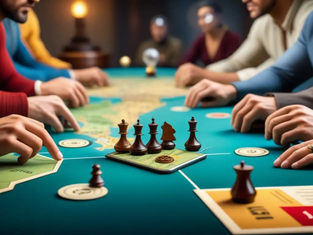 Grupo diverso juega Risk en ambiente de historia juegos mesa icónicos