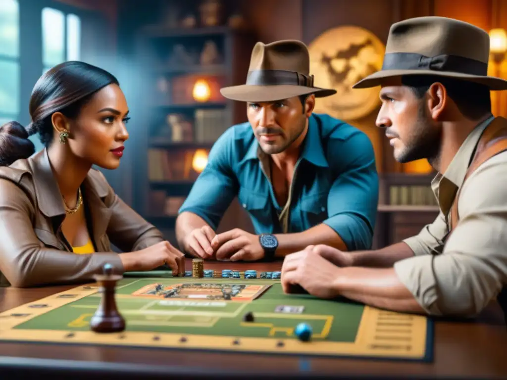 Grupo diverso de amigos inmersos en un juego de mesa inspirado en Indiana Jones, con piezas detalladas y mapas