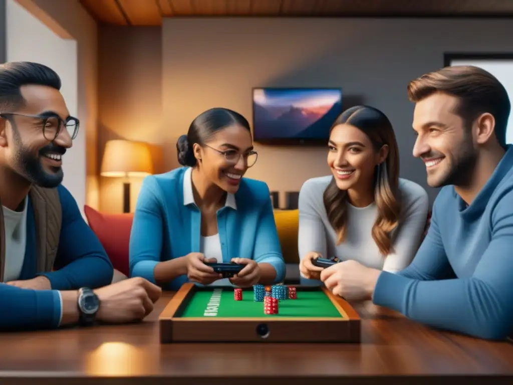 Un grupo diverso de amigos disfruta de un juego en la Nintendo Switch en una atmósfera acogedora y colaborativa