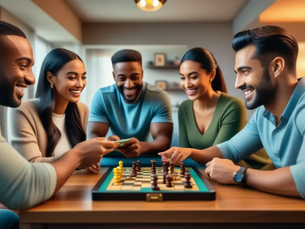 Grupo diverso de amigos disfrutando de un juego de mesa en una app móvil en sala acogedora