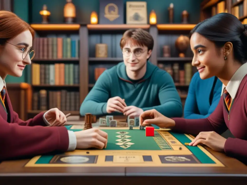 Un grupo diverso de amigos juega apasionadamente al juego de mesa de Harry Potter en un ambiente acogedor y mágico