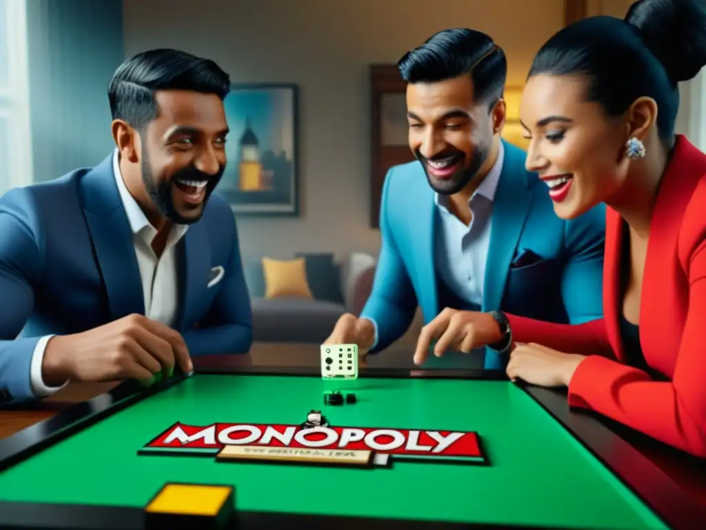 Un grupo diverso de amigos juega al Monopoly en una app móvil, mostrando concentración y risas