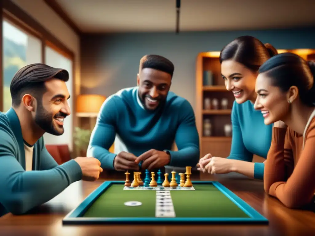Grupo diverso disfruta animado juego de mesa en acogedor salón