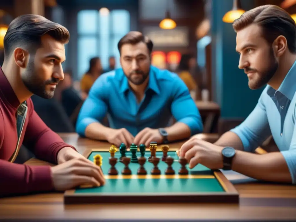 Un grupo diverso y apasionado juega estrategias para juegos de mesa en un café acogedor