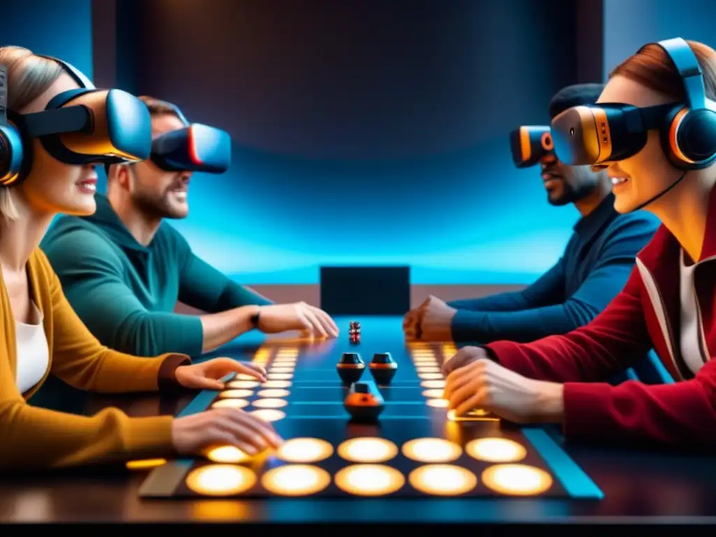 Grupo diverso disfruta apasionado juego de mesa en Realidad Virtual, inmersos en escena futurista