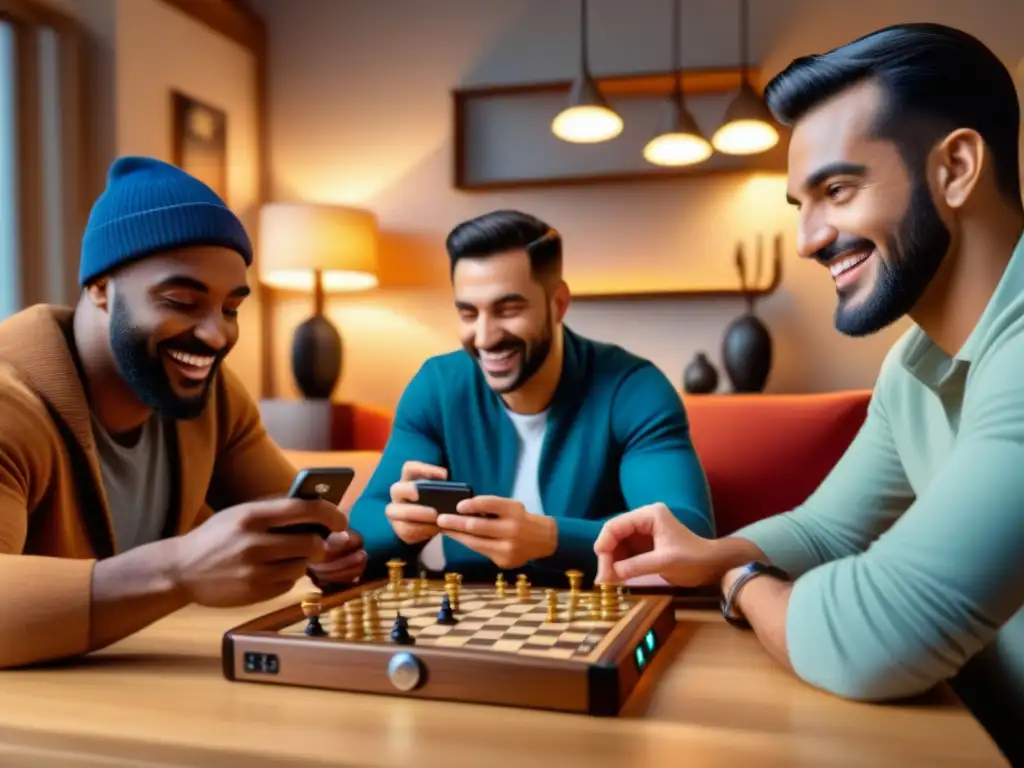 Grupo diverso disfruta aplicaciones móviles juegos de mesa en acogedor salón con juegos tradicionales