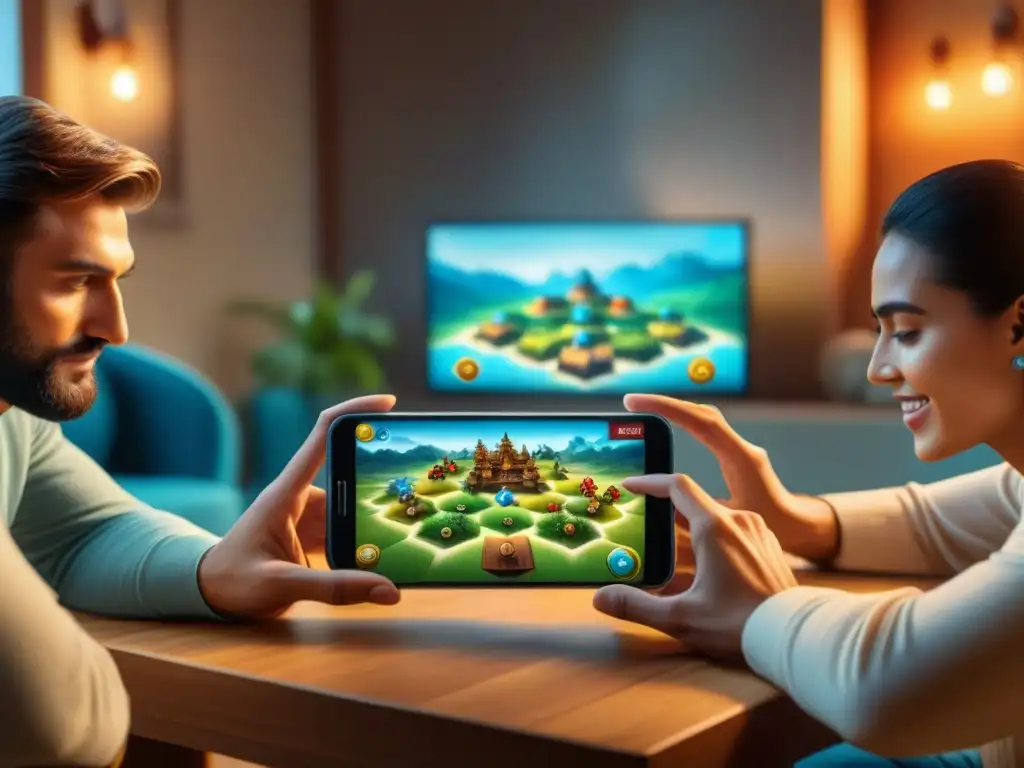 Grupo diverso juega Catan en app móvil, integrando digital y físico en acogedor salón