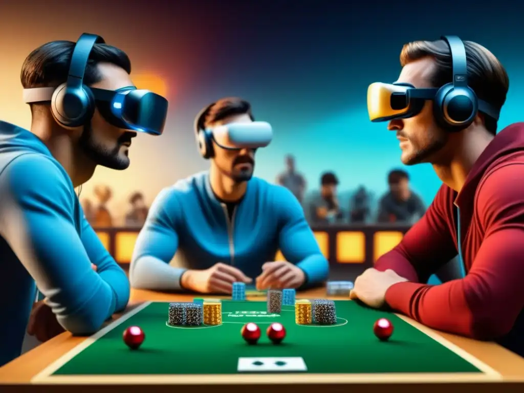 Grupo diverso con auriculares de Realidad Virtual creando juegos de mesa personalizados