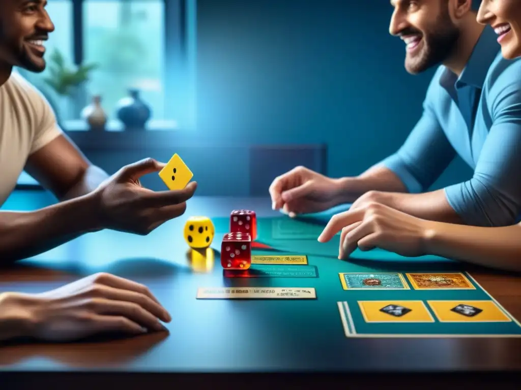 Grupo diverso disfruta de beneficios de juegos de mesa: estrés se disipa en la camaradería y emoción del juego en equipo