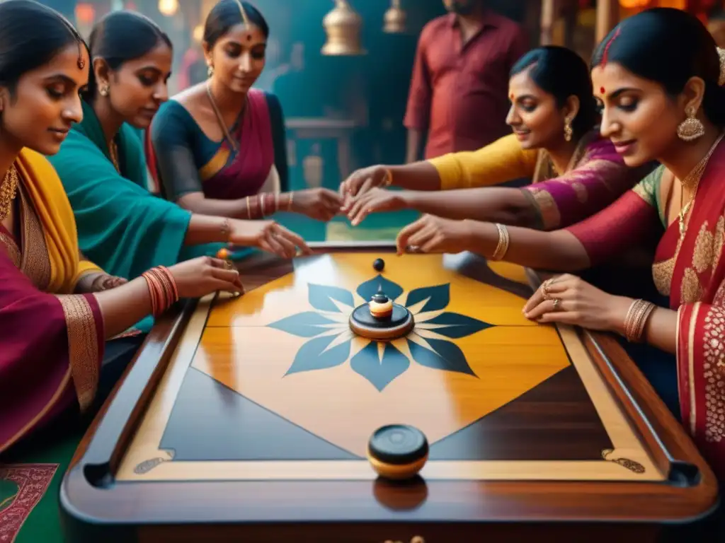 Grupo diverso juega Carrom en animado mercado callejero de la India