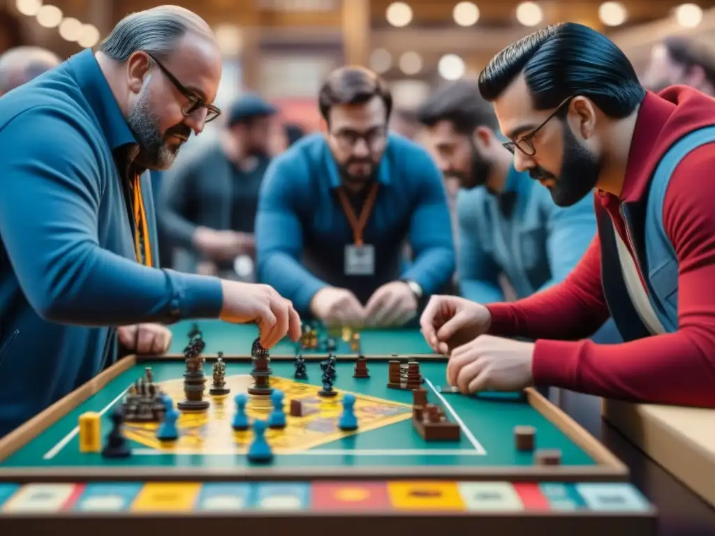 Grupo diverso de coleccionistas de juegos de mesa examinando detalladamente títulos raros en convención, enérgico ambiente