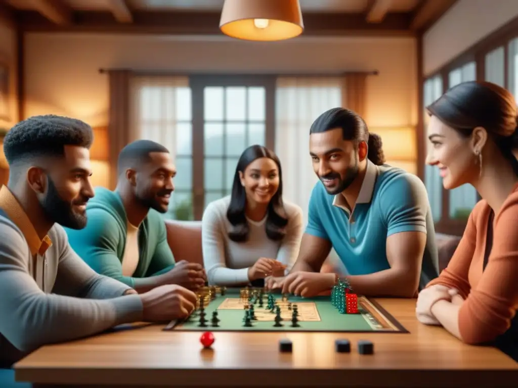 Grupo diverso construyendo comunidad juego de mesa en sala acogedora con expresiones animadas y piezas coloridas