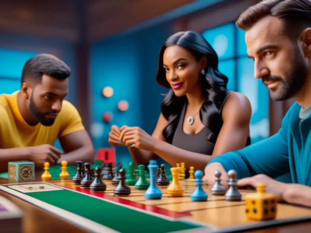 Comunidad vibrante de jugadores de mesa en acción Grupo diverso construyendo comunidad con juegos de mesa, estrategias y pasión compartida