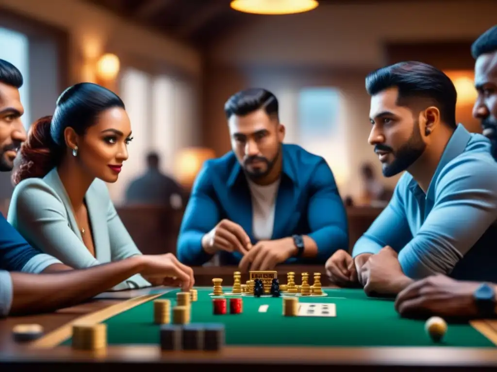 Partida de juego de mesa: emoción y estrategia entre amigos Un grupo diverso construye comunidad en una partida de juegos de mesa estratégicos