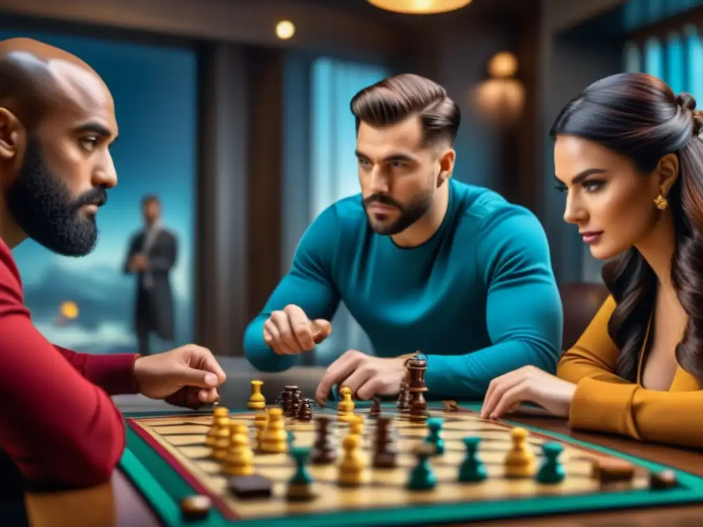 Jugadores concentrados en emocionante partida de juego estratégico Grupo diverso concentrado en enseñanzas de juegos de mesa, tomado decisiones estratégicas