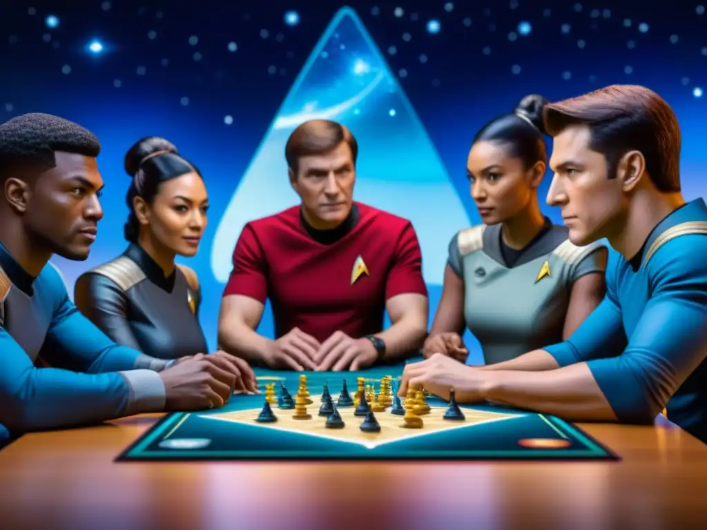 Grupo diverso juega concentrado Estrategias Star Trek Catan juegos, rodeados elementos futuristas