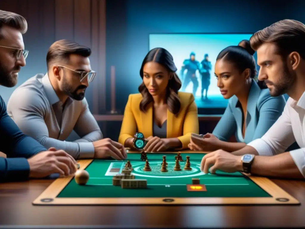 Grupo diverso concentrado en estrategias de juegos de mesa con realidad aumentada