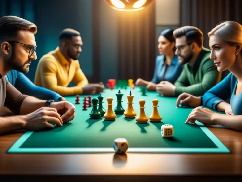 Grupo diverso concentrado en juego de mesa estratégico